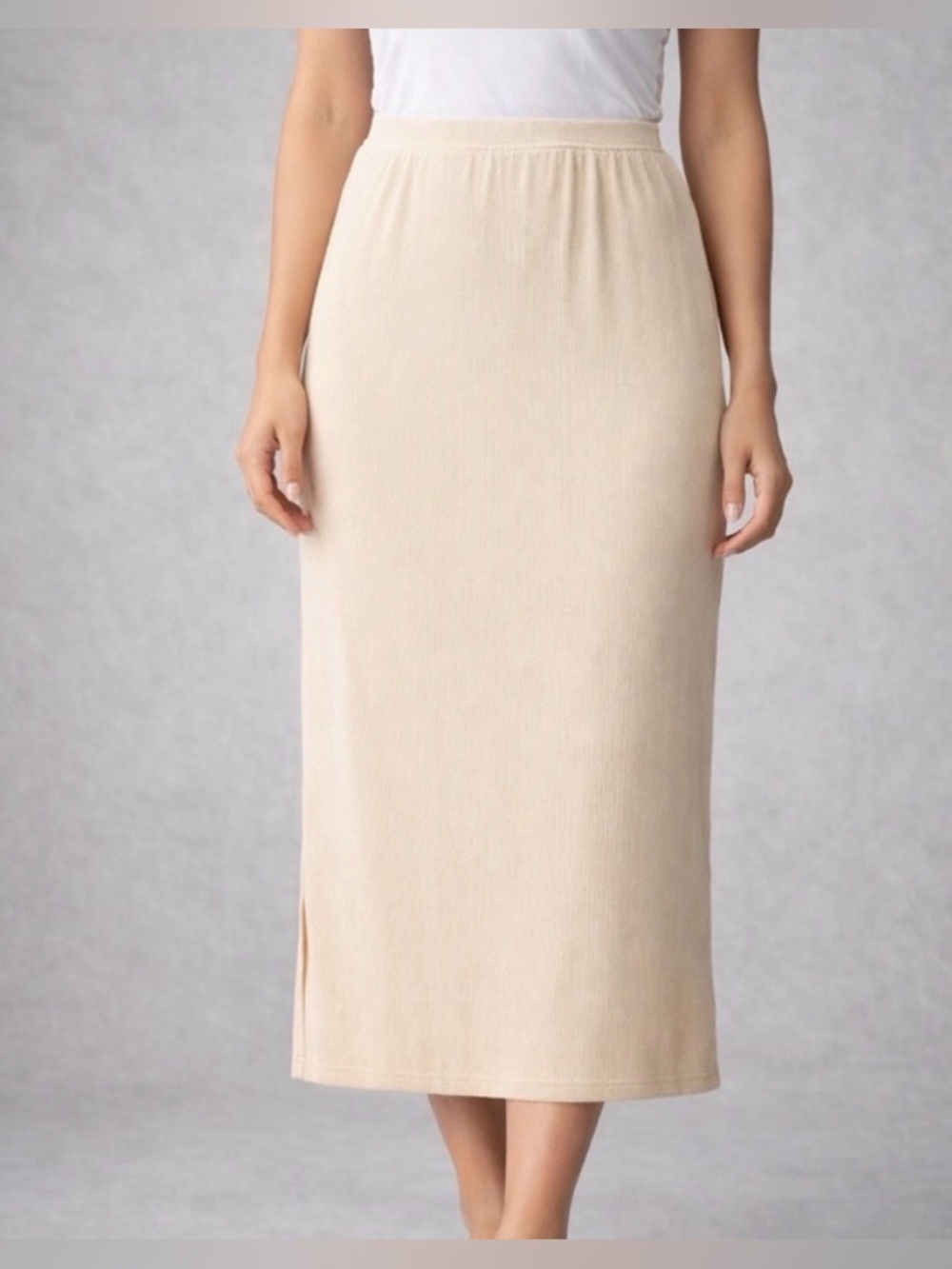 Real Essentials Ribbed Midi Skirt Women’s size M Cream Stretch Pencil(A225)✨✨